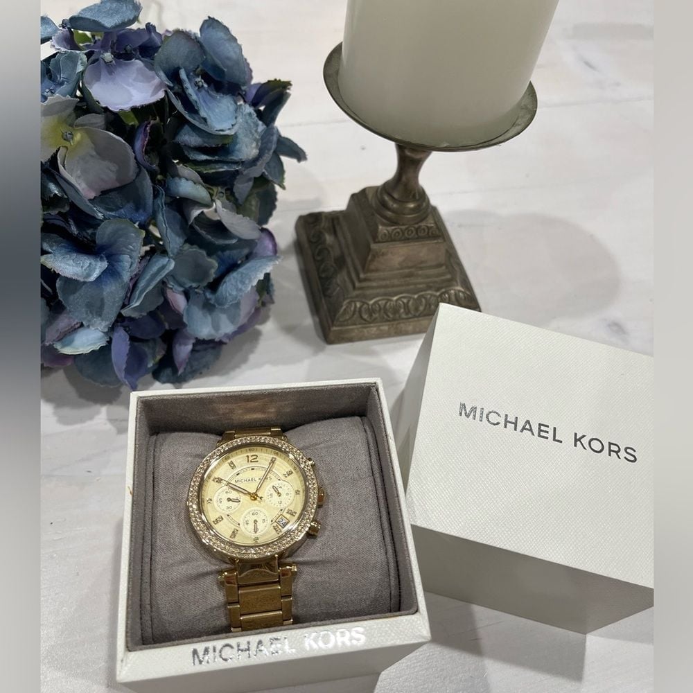 Michael Kors jeweled gold colored watch with box, bag, pillow needs batteries