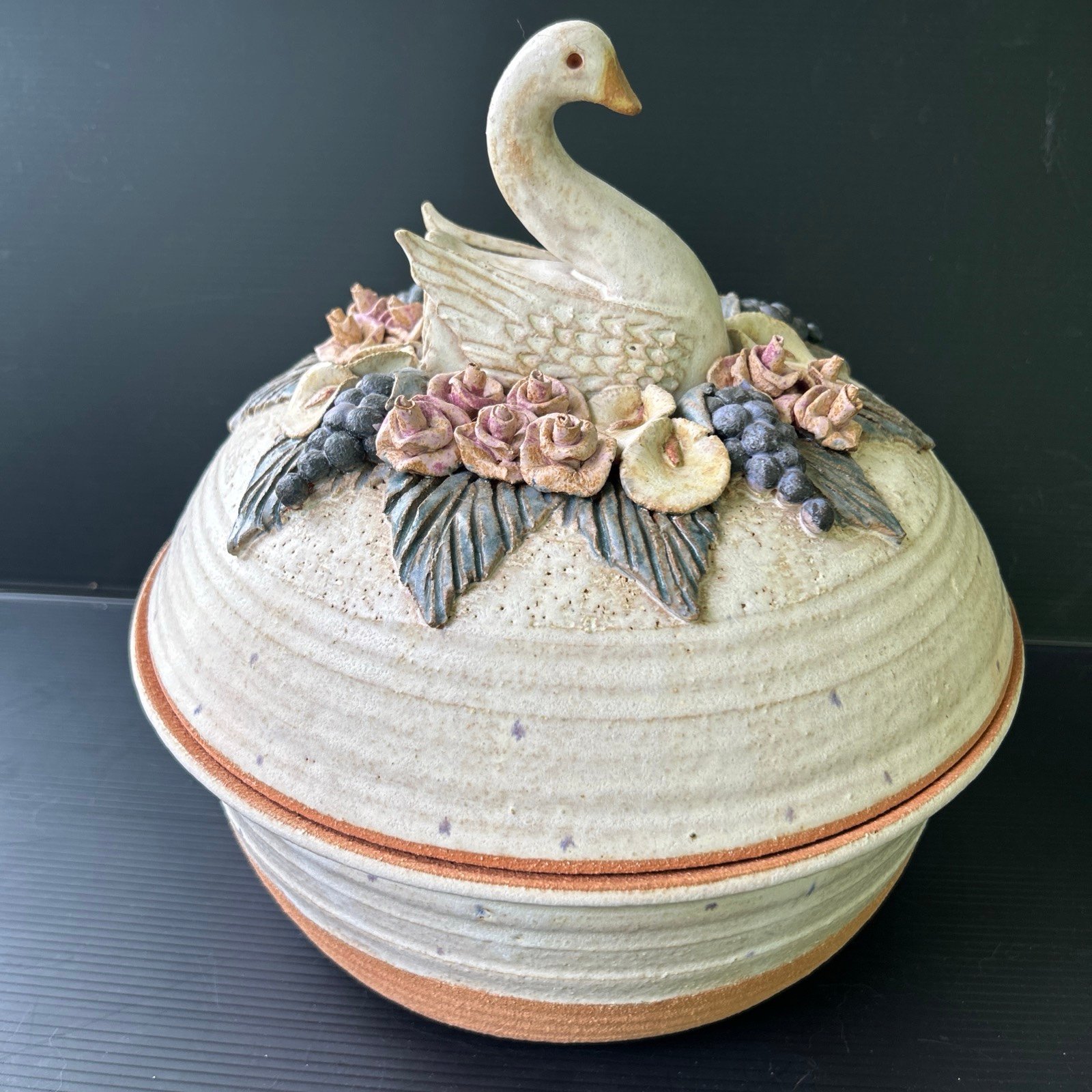 Sandra Mckenzie Schmitt Pottery Casserole Swan Rose's Centerpiece w/Lid