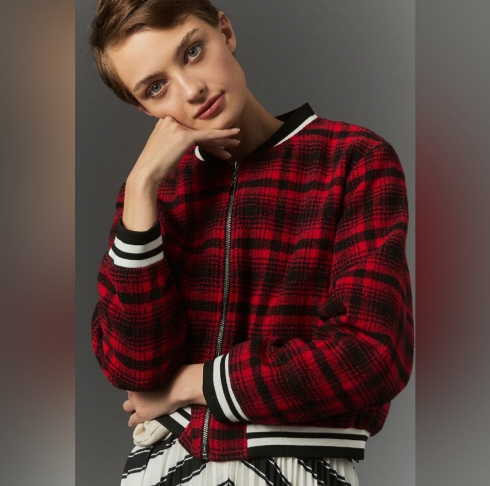 Maeve tweed plaid sporty bomber jacket xl