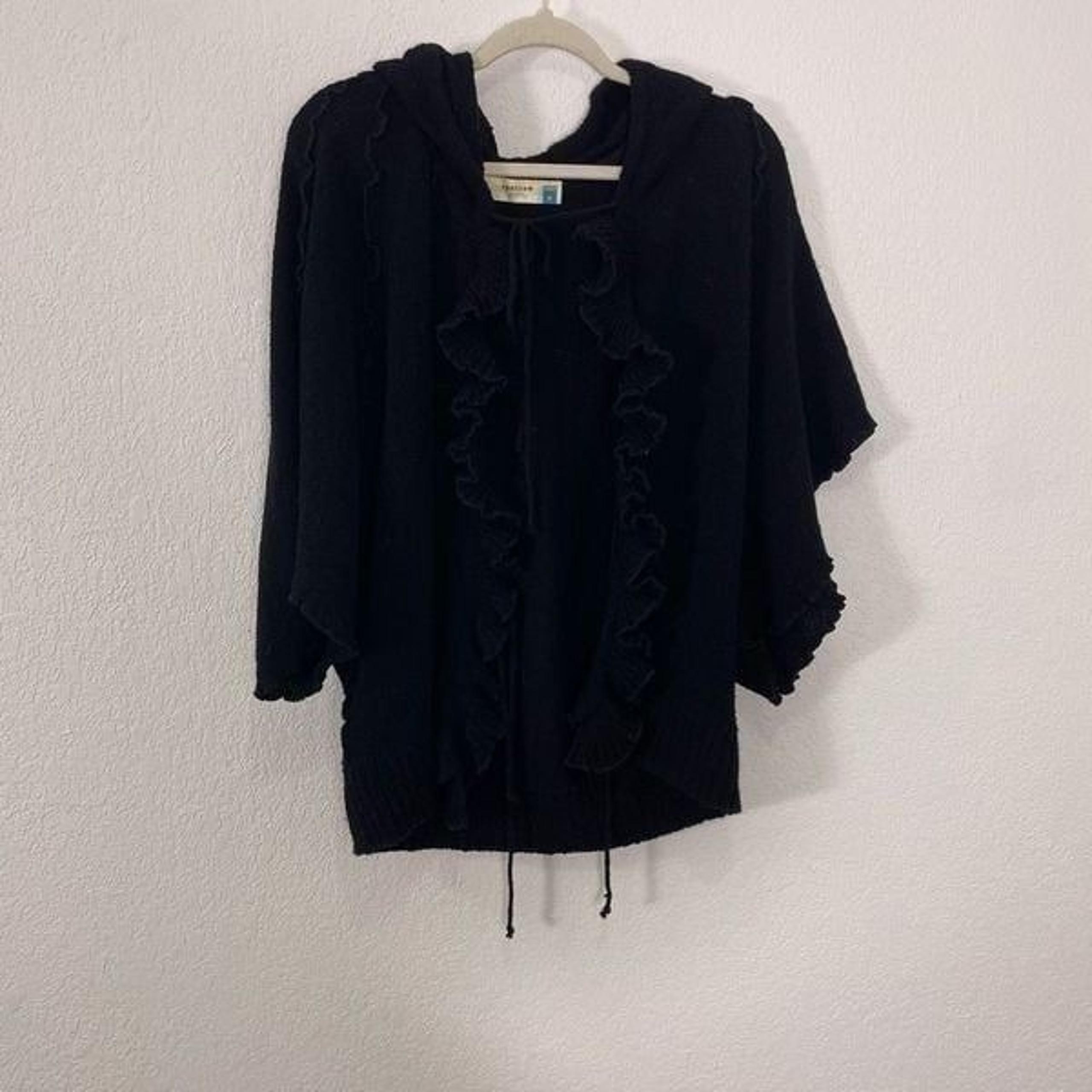 Sparrow | Anthropologie Black Wool Blend Open Hooded Ruffle Detail Sweater