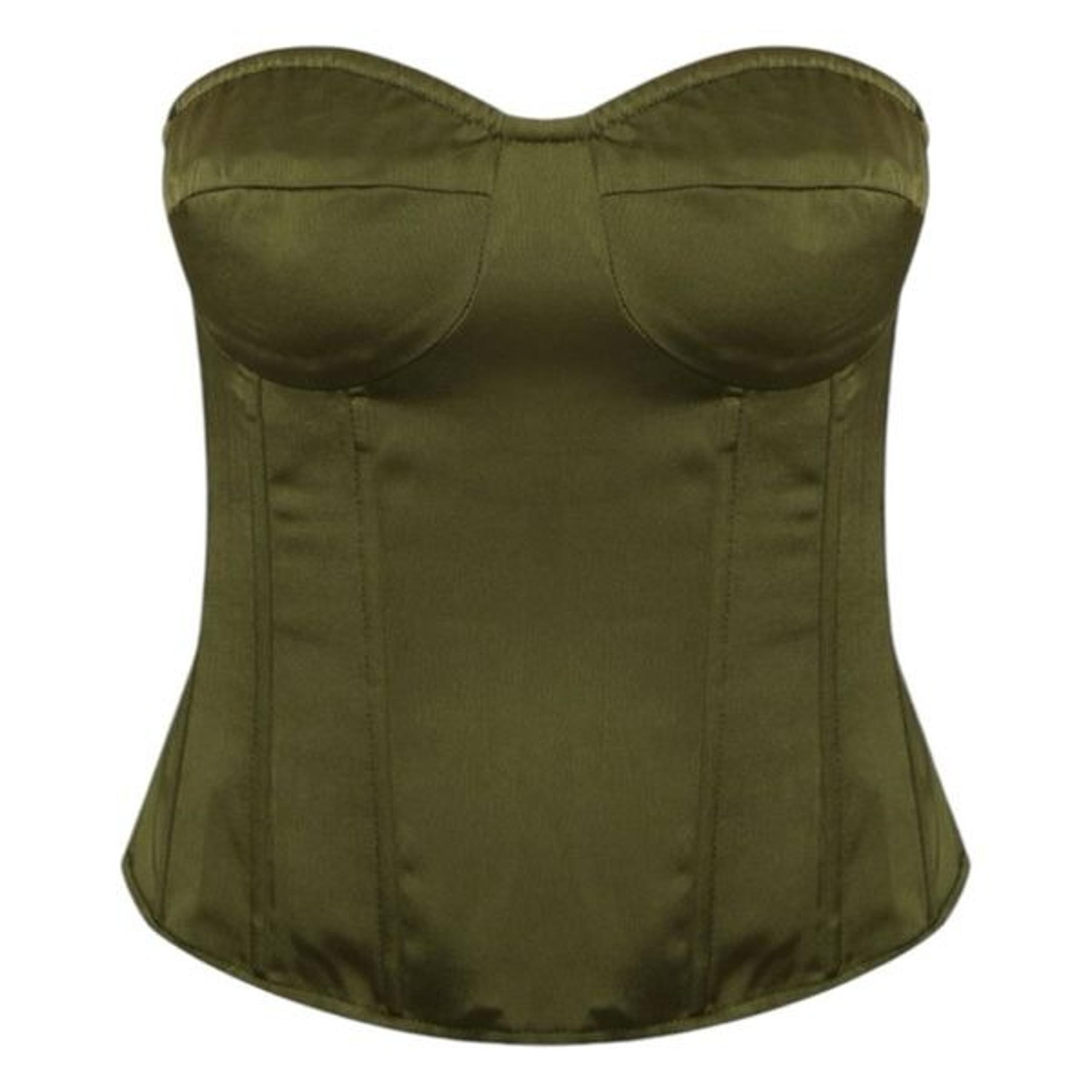PrettyLittleThings Satin Boned Corset Top Khaki Green Bandeau Strapless Back Zip