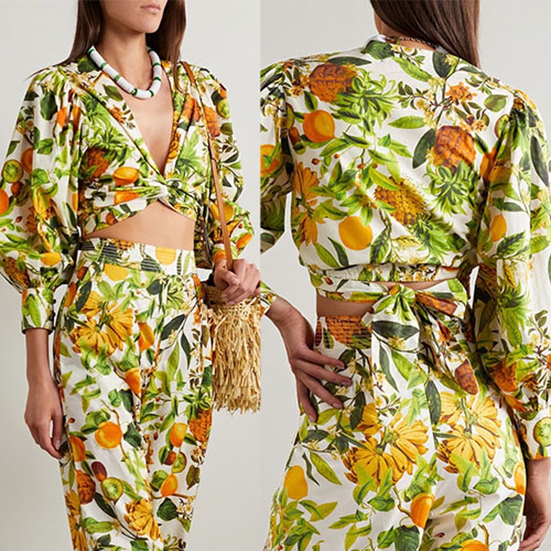 NWT Cara Cara Angela Banana Print Crop Cotton Balloon Sleeves Top Size: Small
