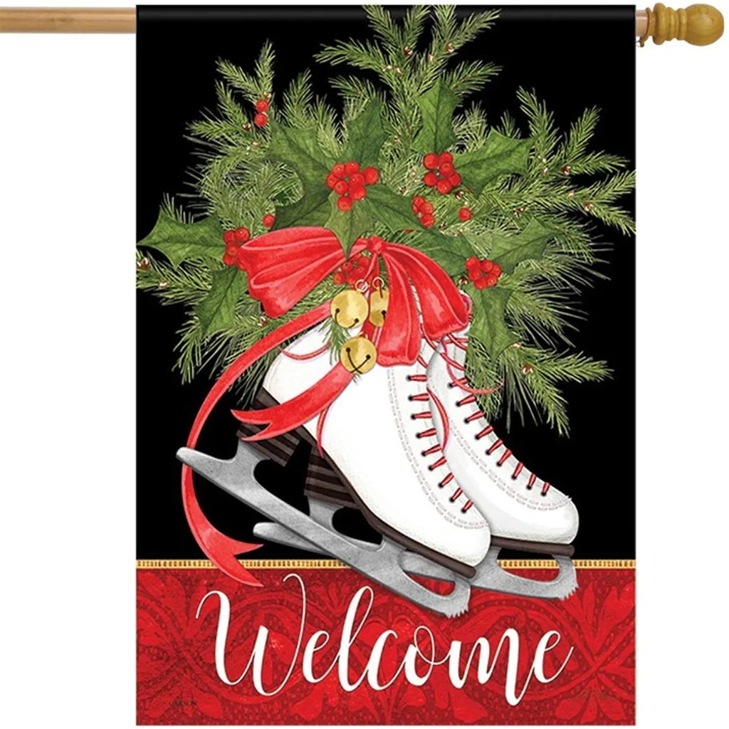 Holly Skates Christmas Holiday House Flag - 2 Sided Message,28 x 40