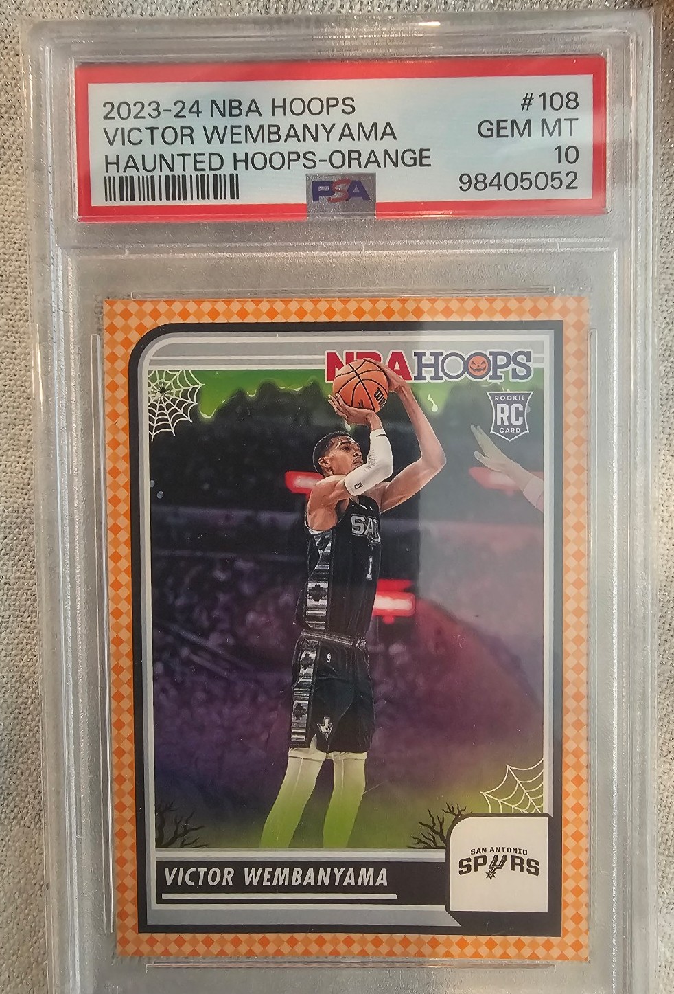 Victor Wembanyama 2023-24 NBA Hoops Haunted Hoops Orange RC #108 PSA 10 Gem