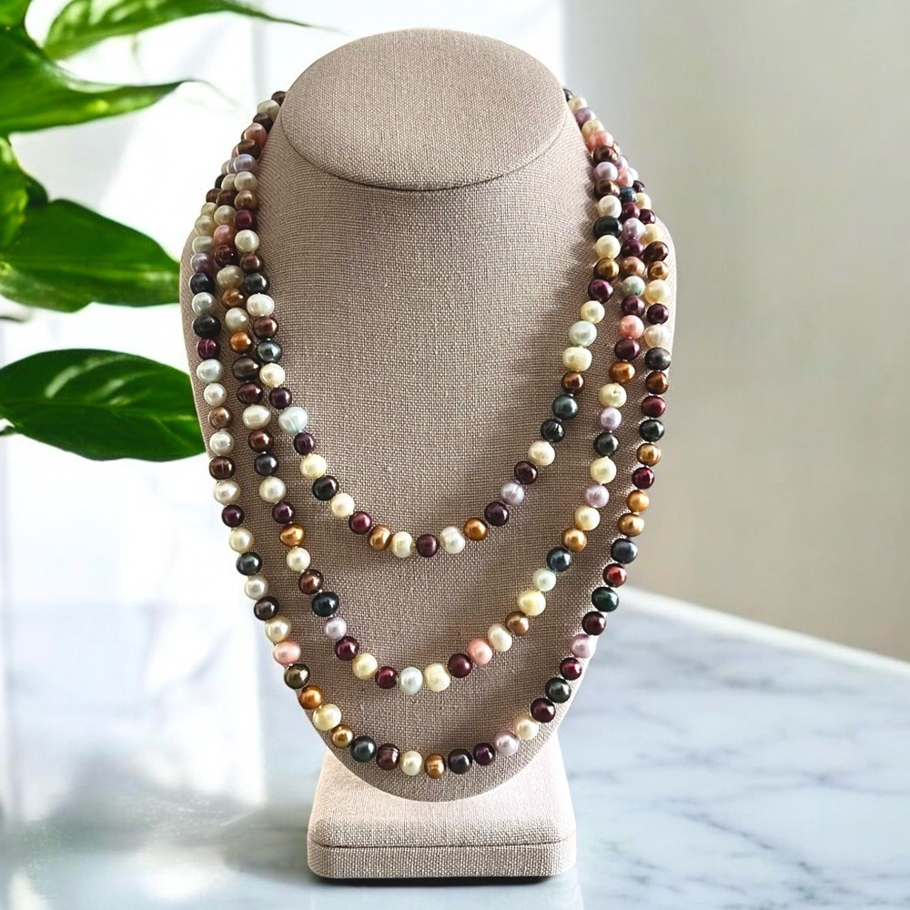62 Inches Genuine Freshwater Pearl Necklace Jewel Tone Hand Knotted Gorgeous