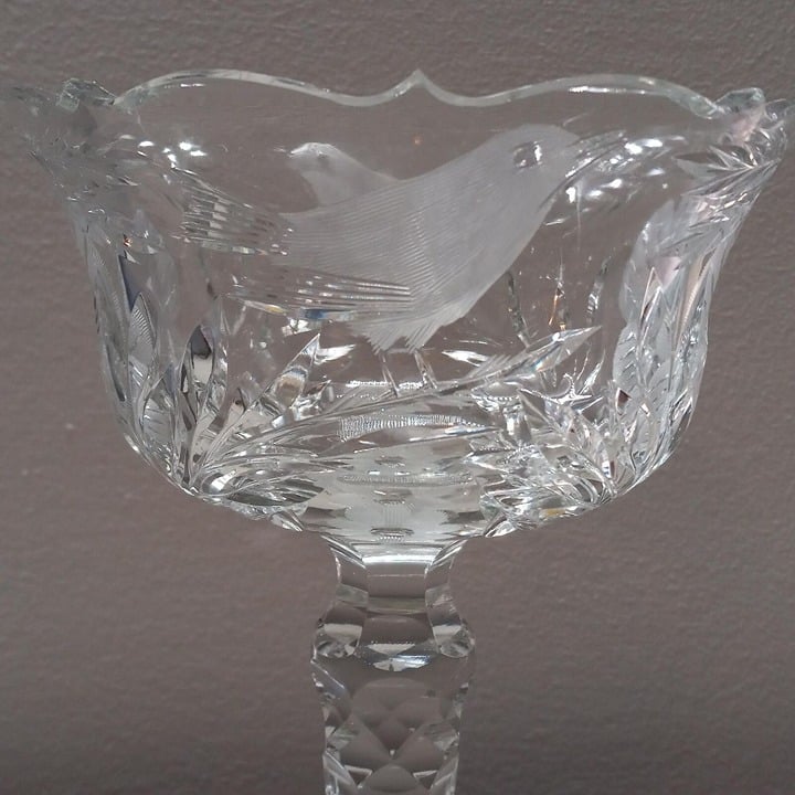 c1900 ABP AMERICAN BRILLIANT PERIOD CUT GLASS TALL COMPOTE BIRDS FLOWERS WHEAT