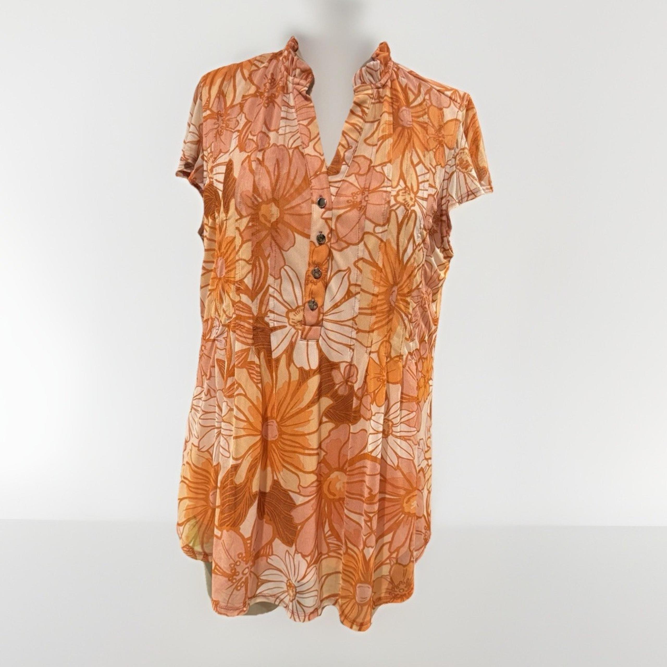 Cocomo Woman Plus Size 1X Orange Floral Print Cap Sleeve Spring Popover Blouse
