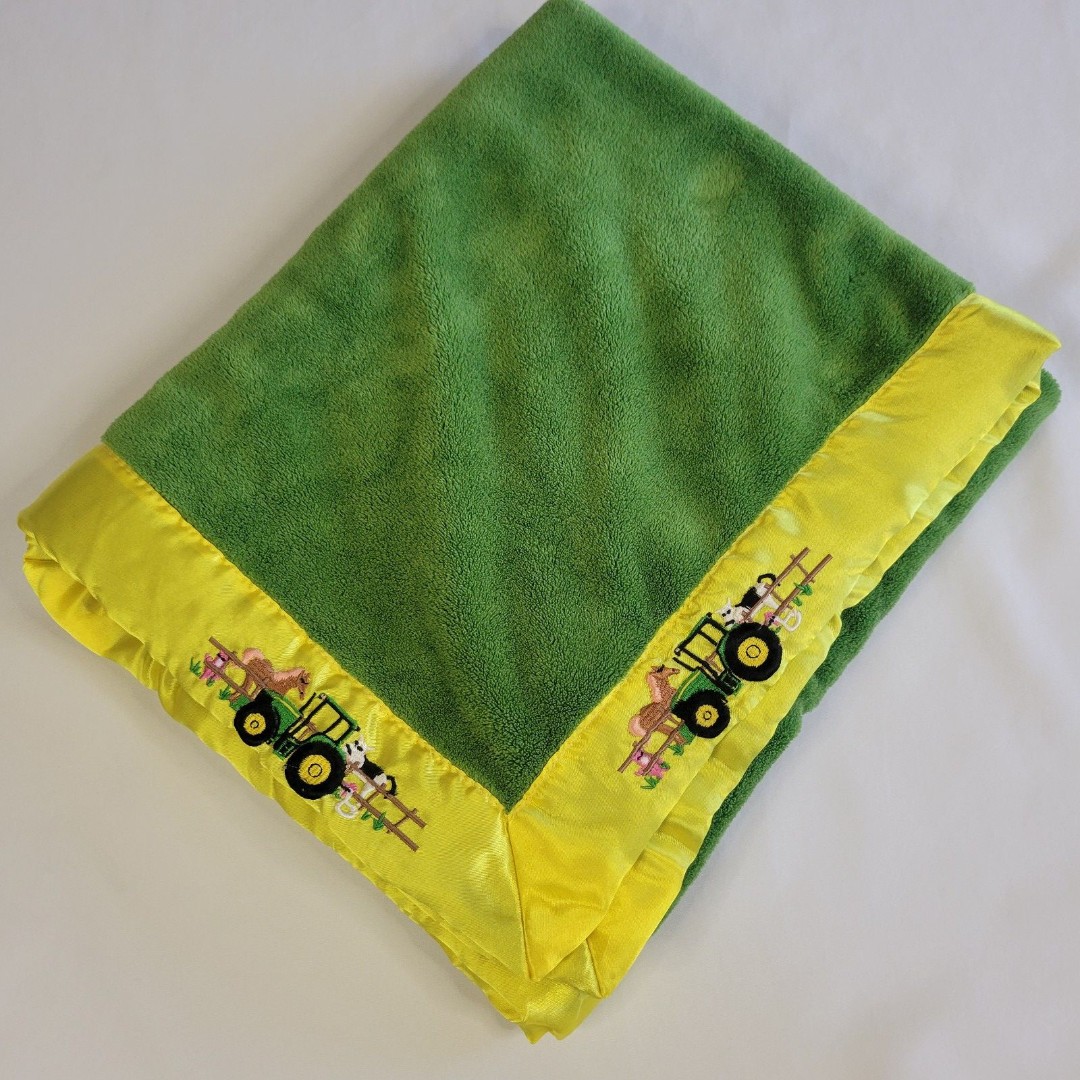 John Deere Tractor Green Plush Security Blanket Baby Lovey Yellow Satin Trim Cow