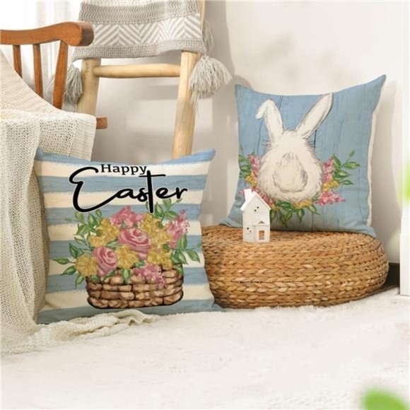 Happy Easter Bunny Flower Truck Eggs Blue Throw Pillow Covers, 18 x 18 Inch