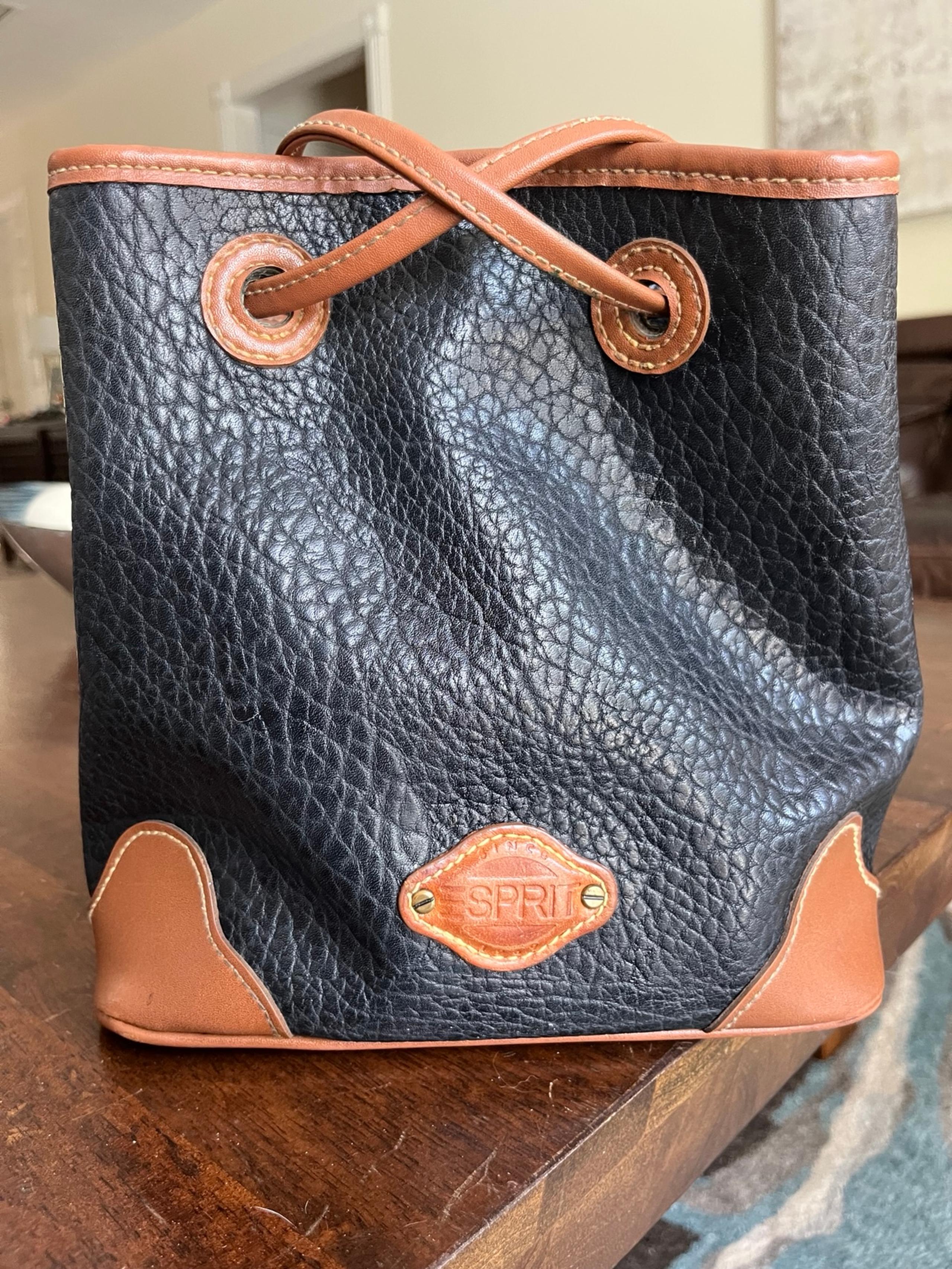 Vintage Esprit Black Leatherette & Tan Trim Drawstring Tote Bag