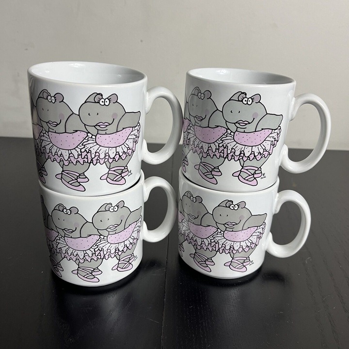 Vintage 80s Set of 4 Ceramic Ballerina Hippo Coffee Mugs England Bevvy Guhl