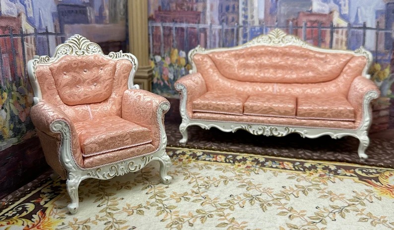 White Settee Pink Brocade Upholstery Collectible Hobby Art Gift