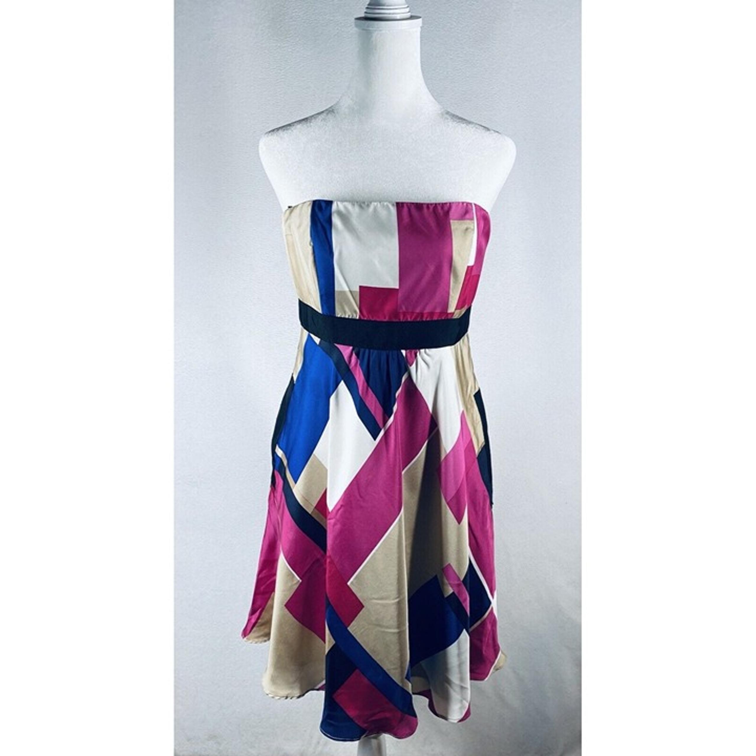 David Meister Dress Womens 4 Artsy Geometric Print Strapless Silk Flirty Boho
