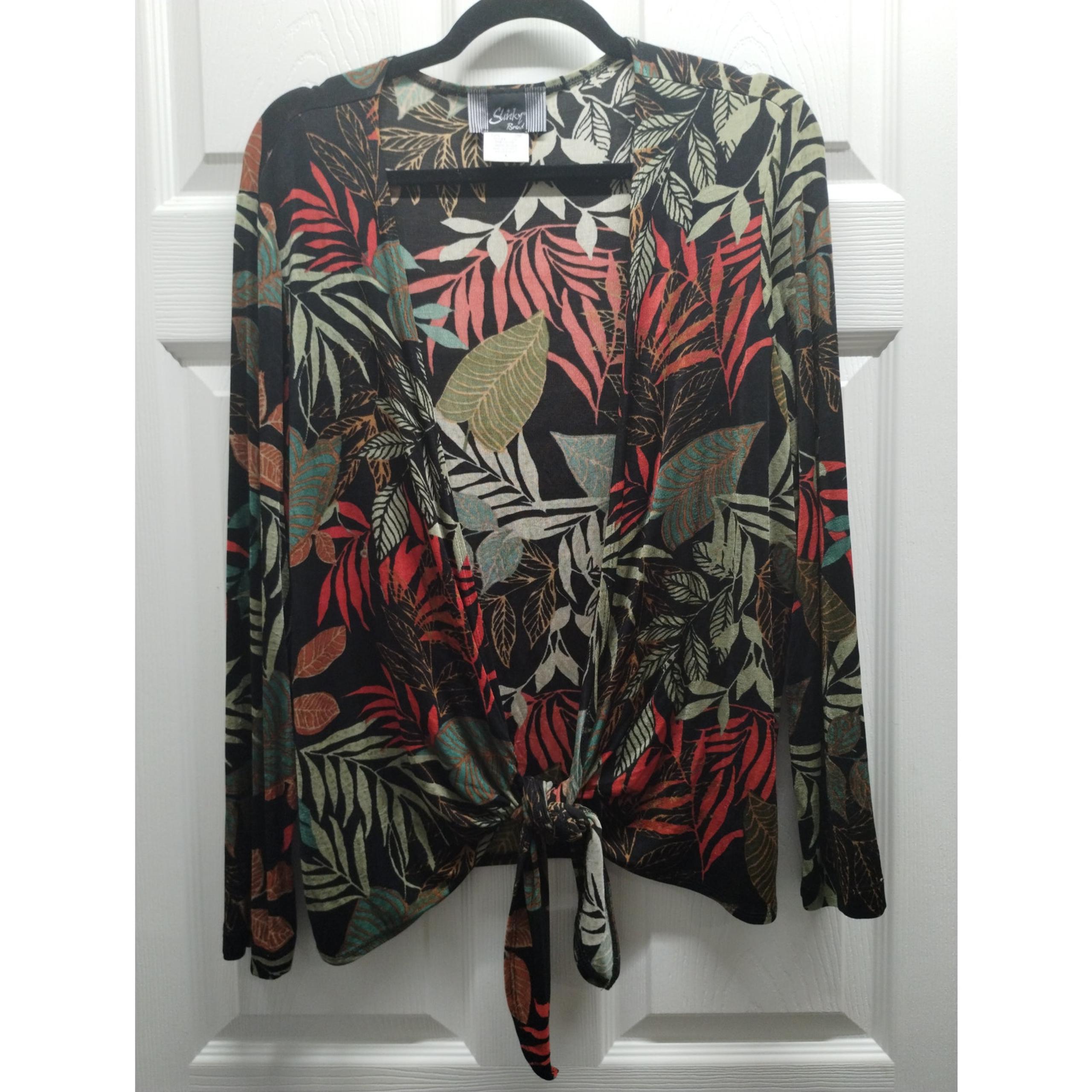 Slinky Brand Women's Size Large Tie Knot Black Packable Leaf Botanical Cardigan