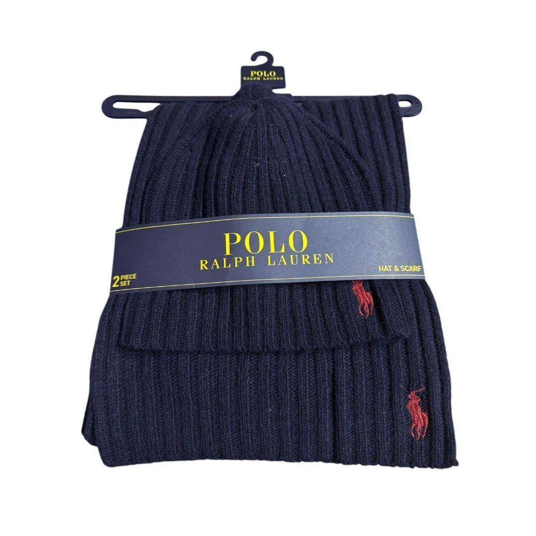 Polo Ralph Lauren Lambs Wool Blend Scarf & Beanie Hat Set - Navy Blue w Red Pony