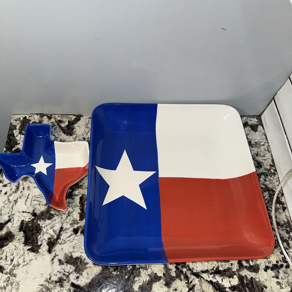 Vintage TEXAS Flag Platter and Bowl Set, Hand Painted- LARGE (Size 14 x 14)