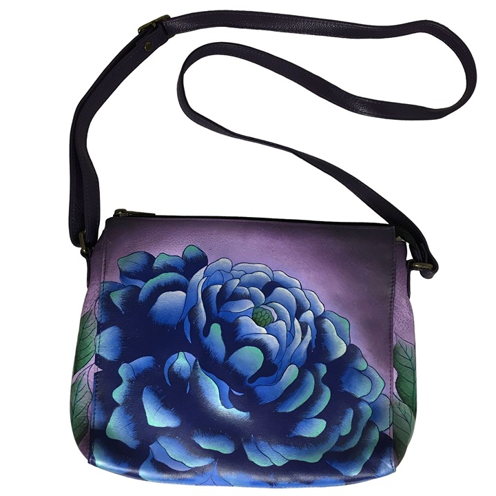 Anuschka LIKE NEW Handpainted Leather Medium Cross Body Bag Peony Flower