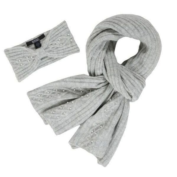 Badgley Mischka Cable Knit Headband & Scarf Set Gray with Pearl Trim