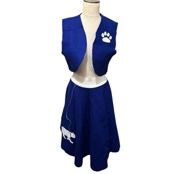 Vintage Handmade Womens Blue Felt Poodle Cat Skirt and Vest Set Retro Sz Medium