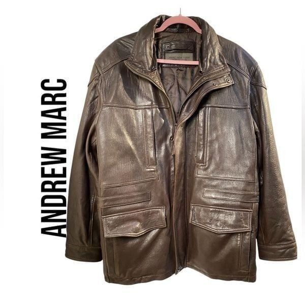 Andrew Marc Mens Leather Jacket with Multiple Pockets Size L