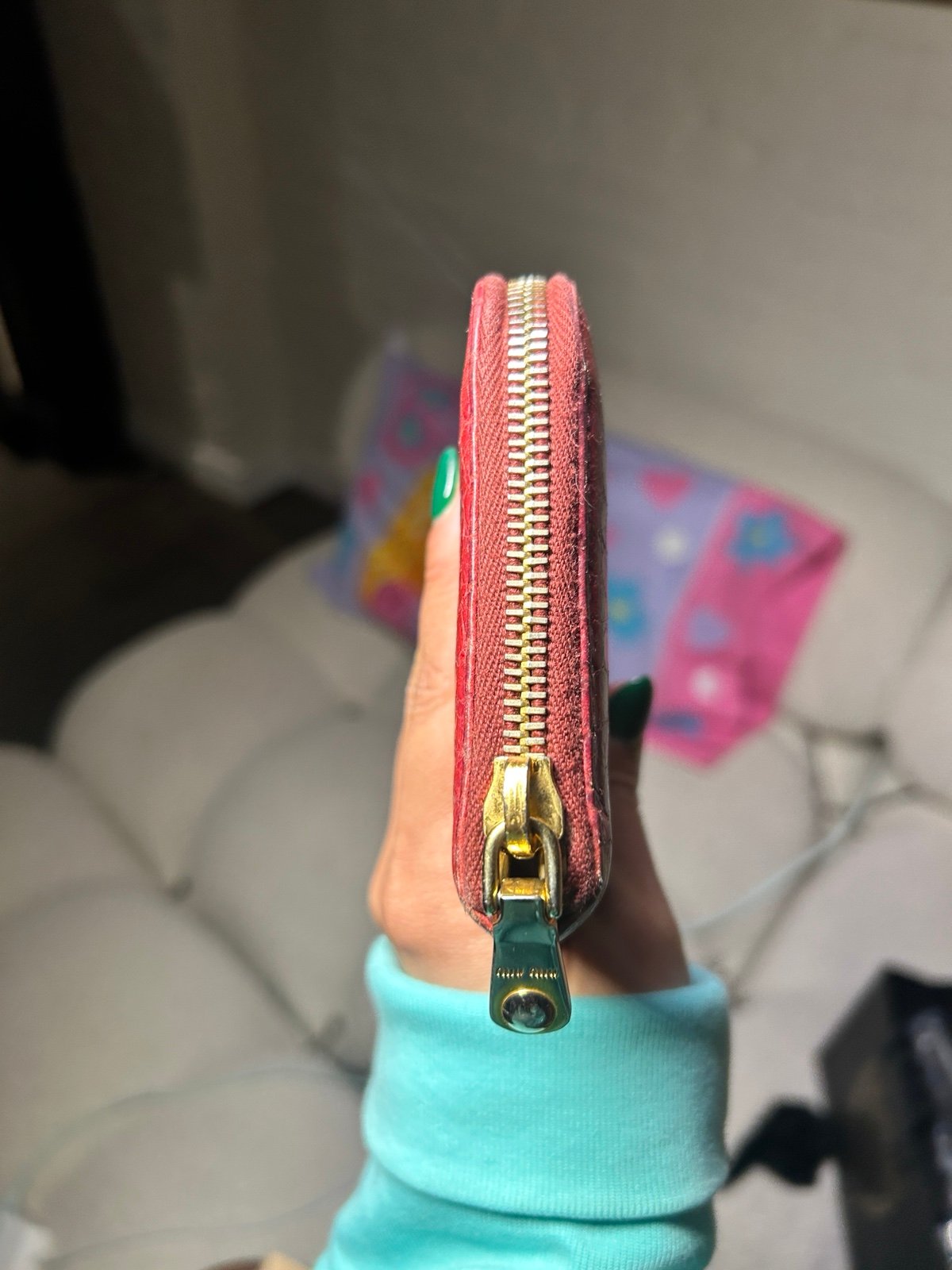 Miu miu red crocodile embossed leather zip around wallet