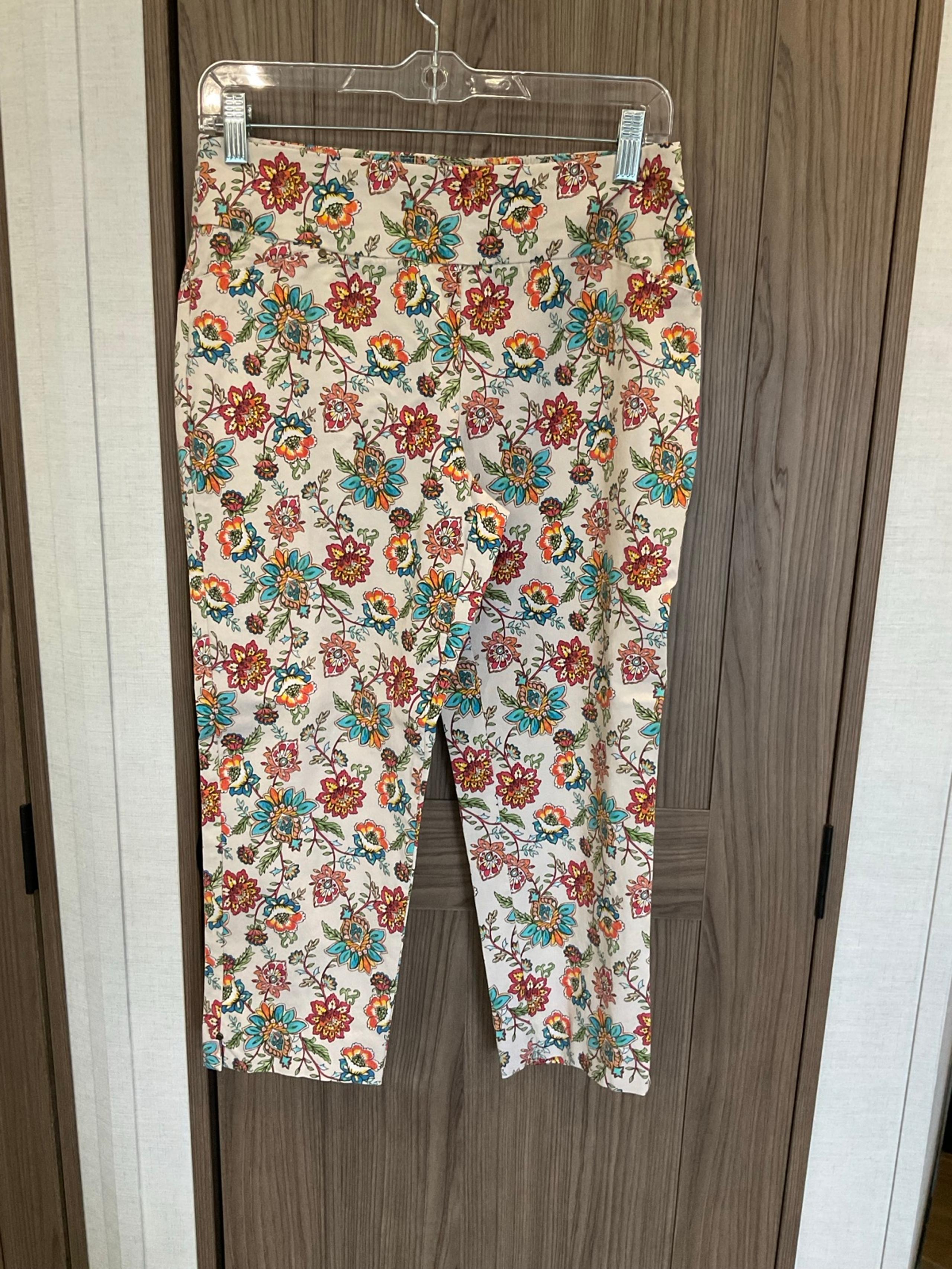 Cato Womens Elastic Waist Capri Floral Pants Mid-rise Size 6