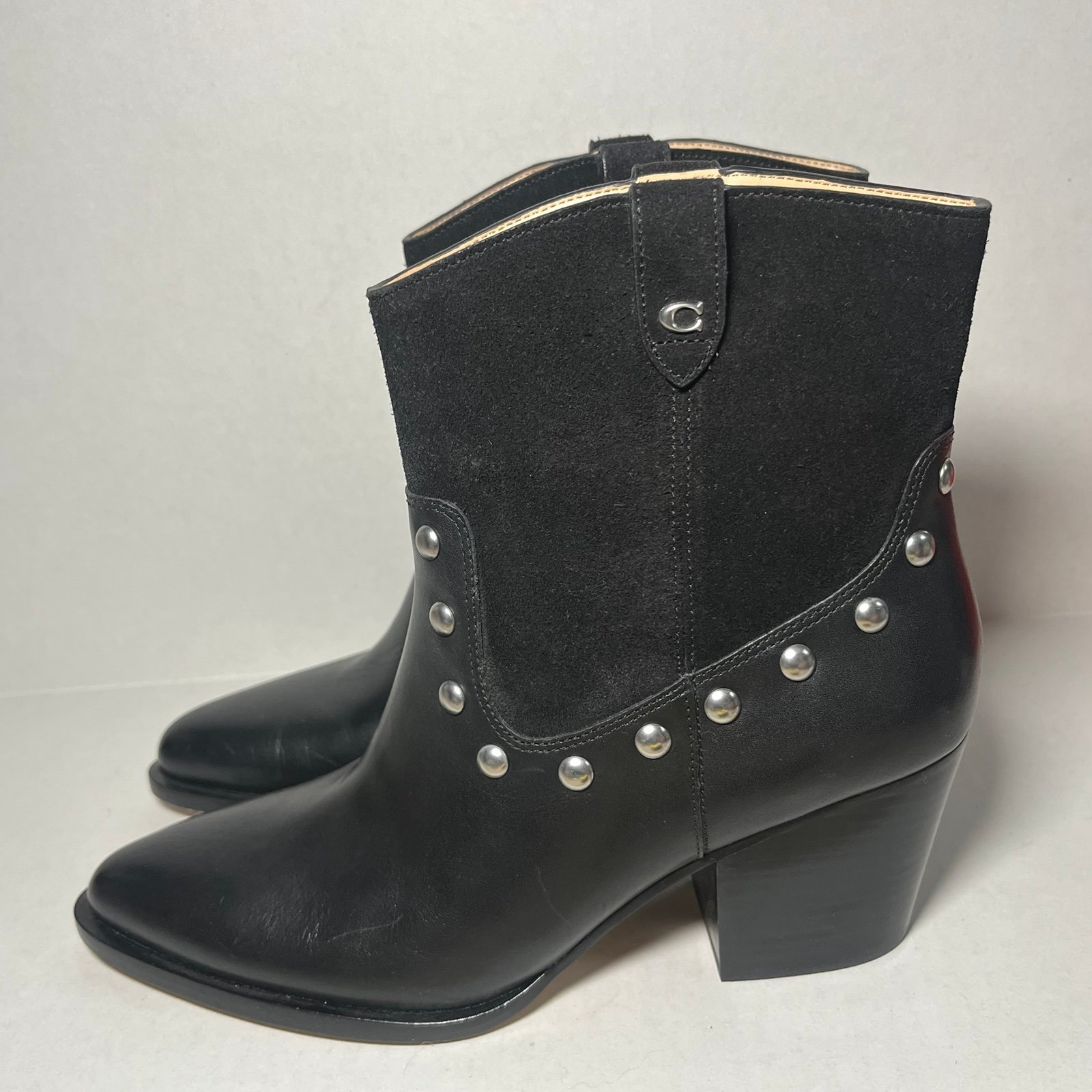 COACH Pauline Suede Pull-On Bootie Women's Leather 8.5 B BLACK Studded