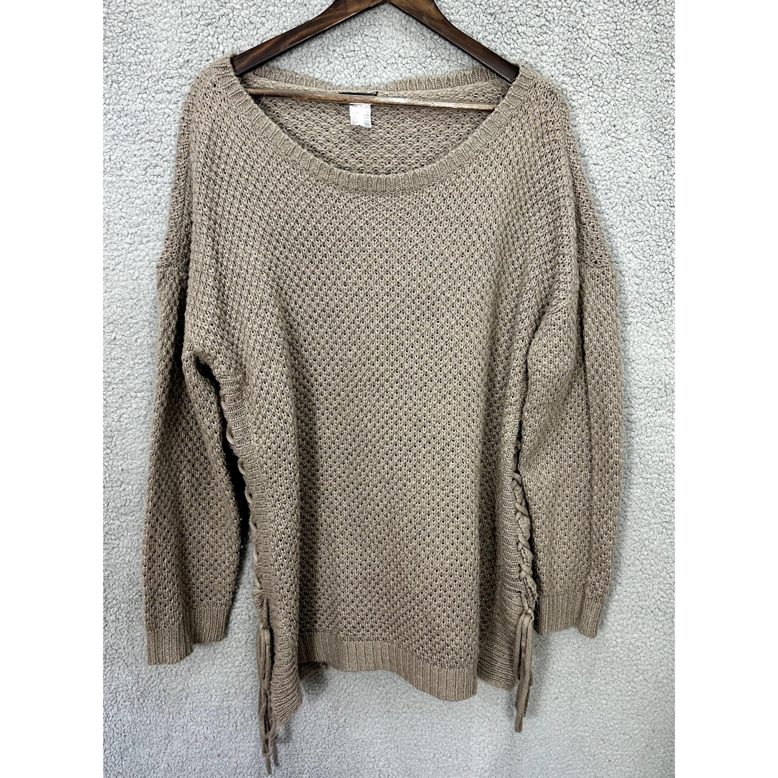 Sweater Womens 1X Beige Crochet Knit Lace Up Accent Boho Chic Costal Cozy - Venus