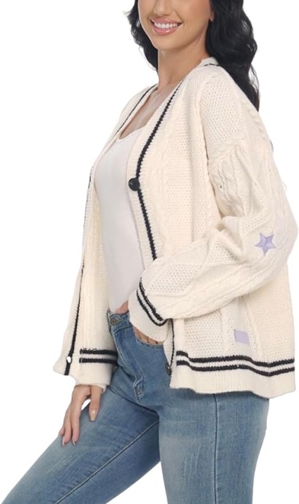 Women's knitted cardigan sweater with star print button knitted long sleeved