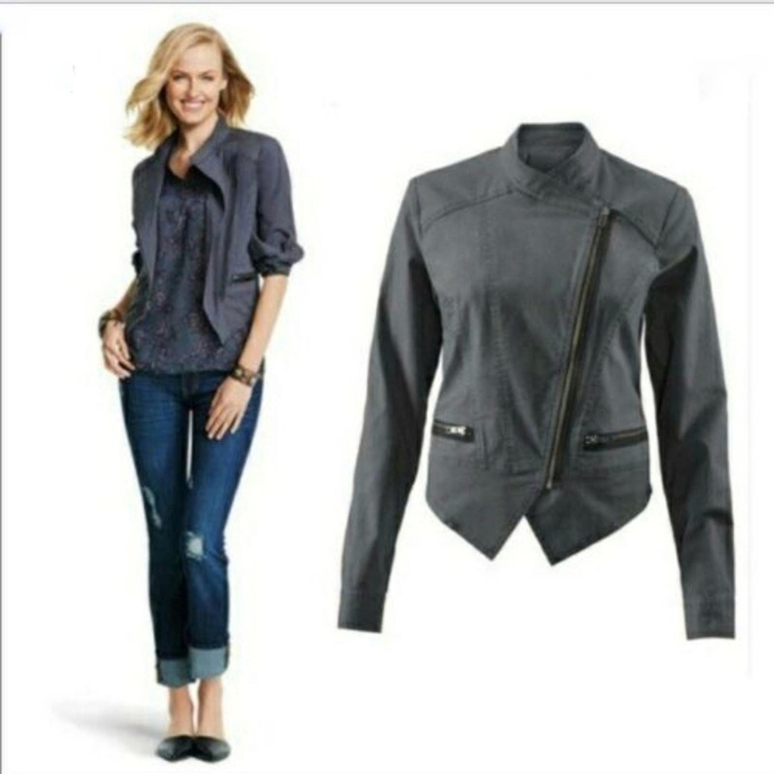 Cabi Twilight Moto Jacket Cropped Charcoal Gray Side Zip Size Medium Women's