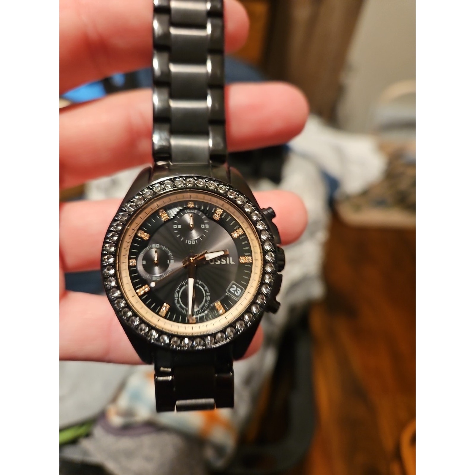 FOSSIL Women's Decker Watch Black Rhinestone Gold Tone