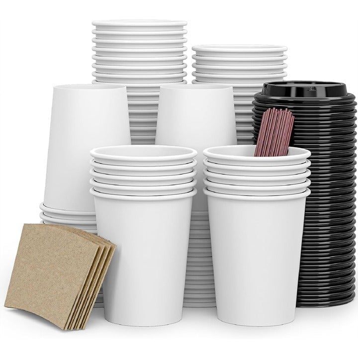 To Go Disposable Paper Coffee Cups,120 Pack with Lids,Sleeves,Straws, 12 oz