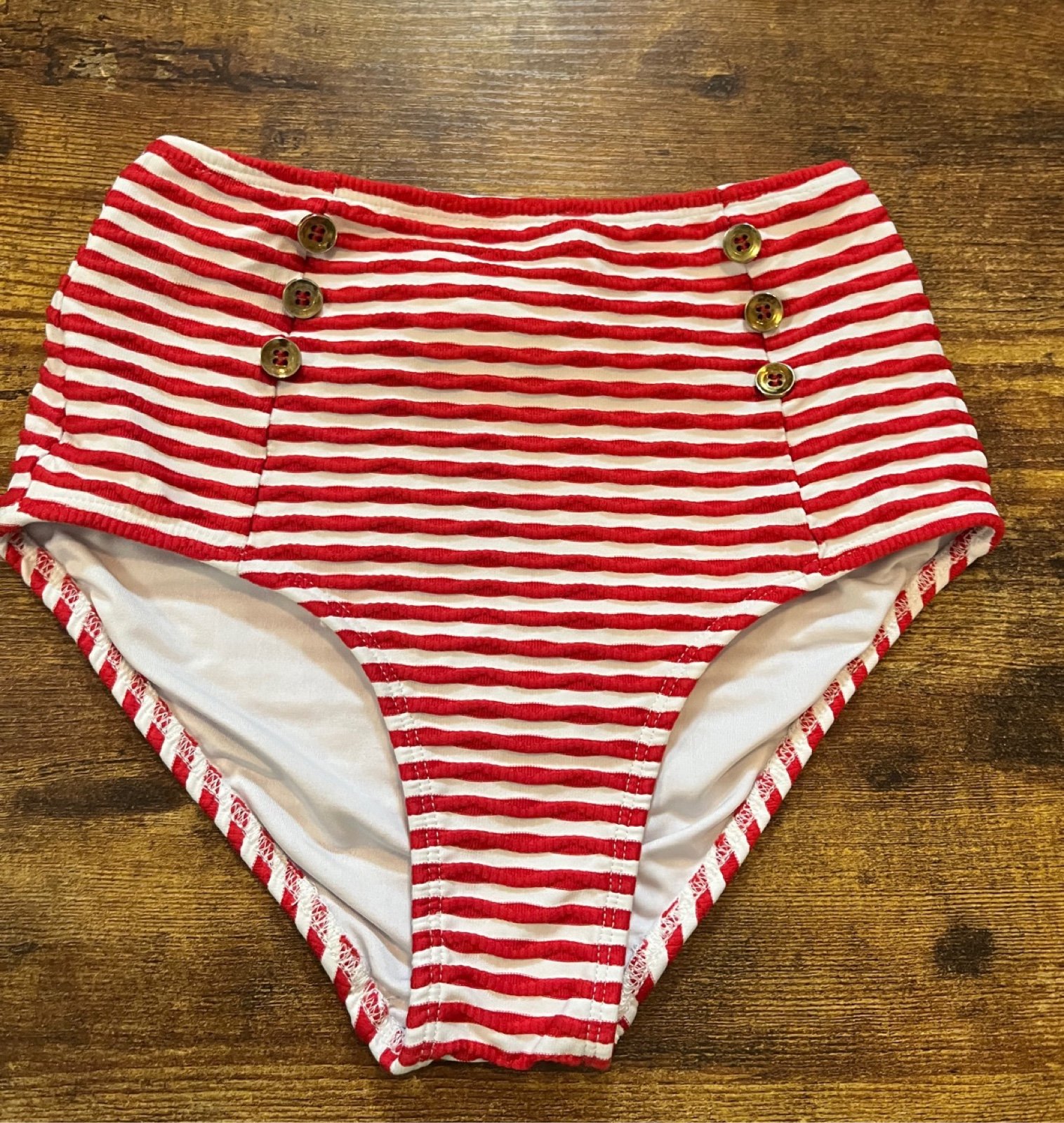 Shoshanna textured high waist red stripe button up swim bottom XS