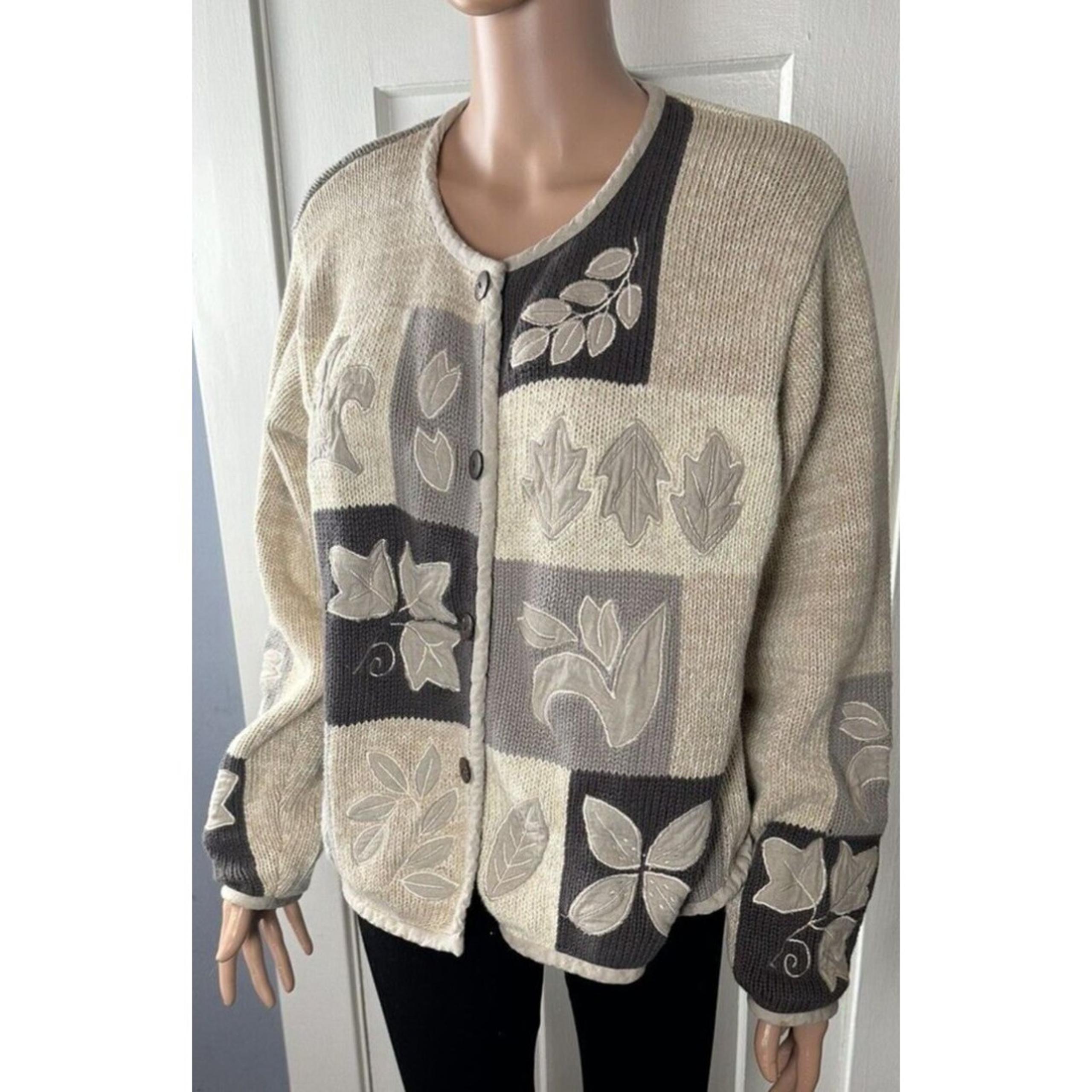 Vintage Orvis Women’s Cotton Knit Sweater Cardigan Embroidered Leaves LARGE
