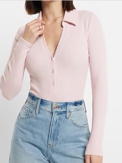 NWT Express Pink Ribbed V-Neck Long Sleeve Henley Polo Collared Bodysuit Top