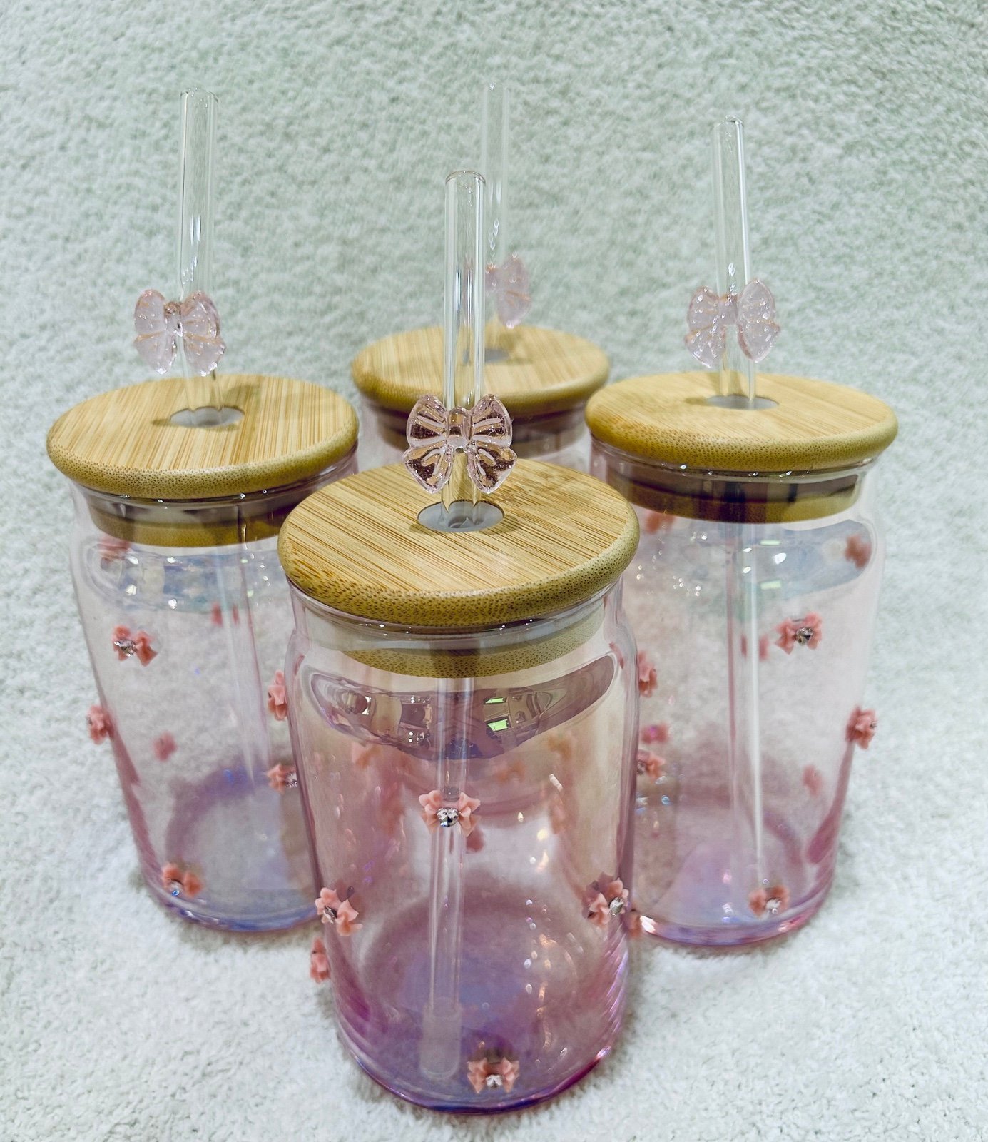 4 Viral TikTok Coquette Pink Bow Crystal Glass Tumblers Sippers with Straw