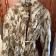 WOMENS NEWPORT NEWS BROWN & WHITE FAUX FUR COAT SIZE 14