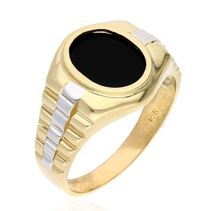 10K Two Tone Yellow White Gold Oval Black Onyx Jubilee Signet Ring Sizes 8-12
