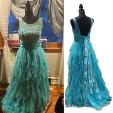 Deb Women's Aquamarine Illusion Rhinestone Ruffle Formal Dress Size 9/10