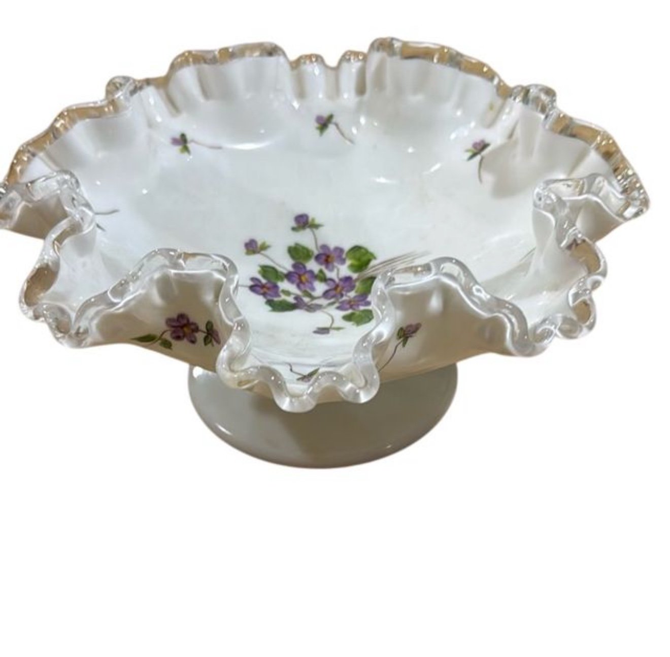 Fenton ruffled low compote, also known as a candy dish, made of milk glass with