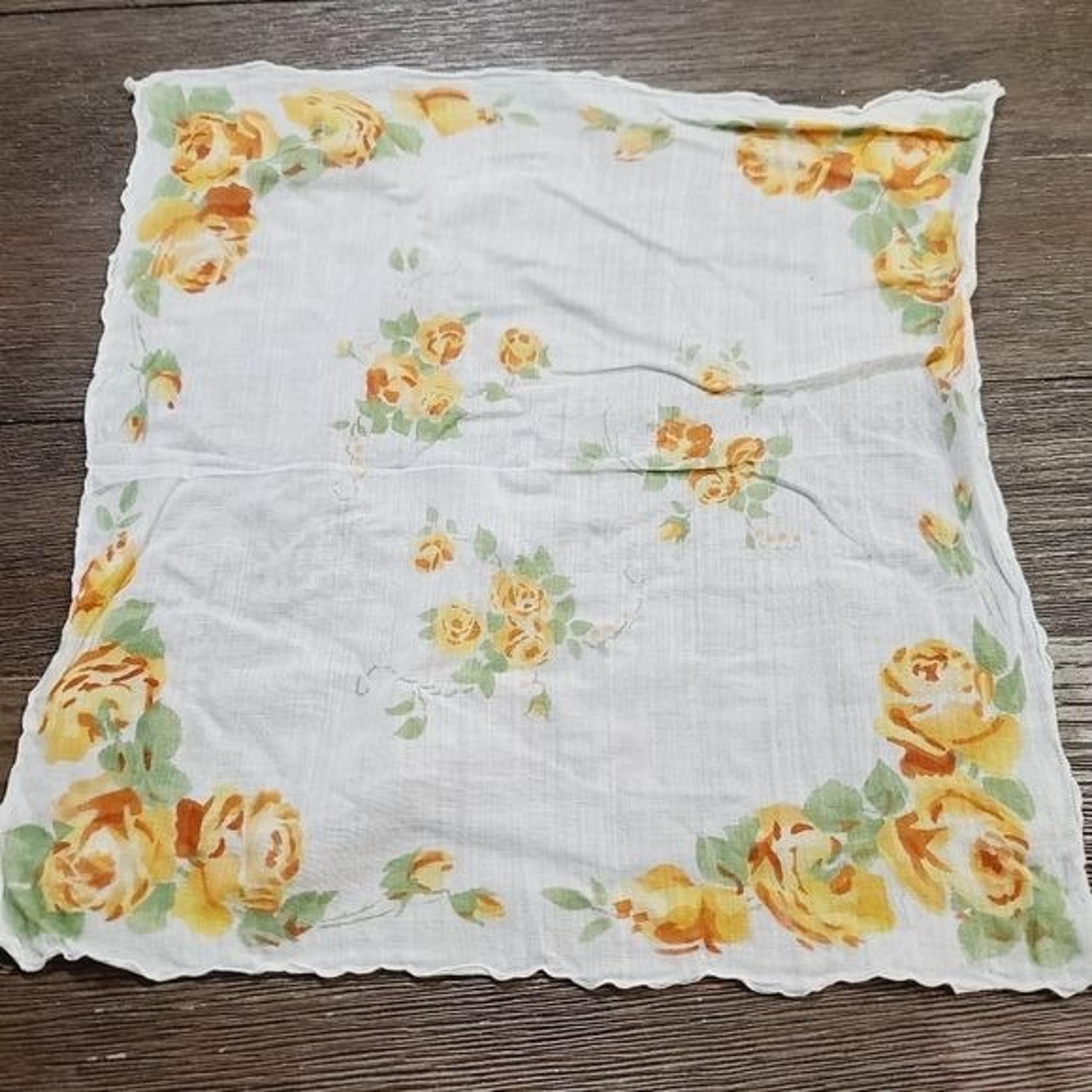 Vintage Mid century Modern Yellow Floral Cotton White Square Handkerchief