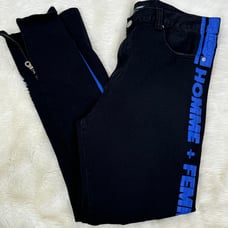 Homme + Femme Straight Distressed Jeans Mens Black Blue Logo Stripes Size 34