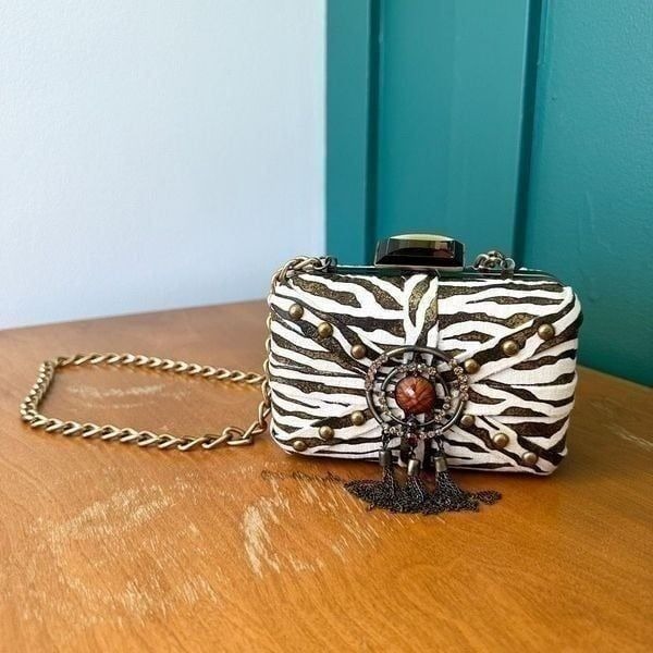 Mary Frances Aria Bronze Zebra Printed Tassel Versatile Shoulder Clutch Bag
