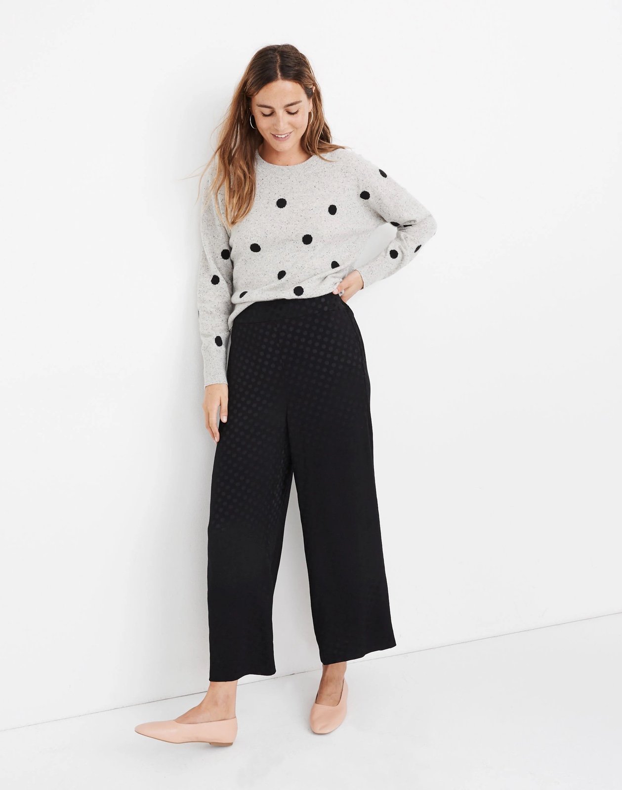 Madewell Black Polka Dot Jacquard Wide Leg High Waisted Crop Pants