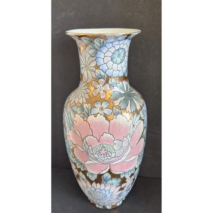 Vintage WBI Chinese Vase Floral w Gold Hand painted 12.5