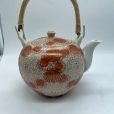 Fujita Kutani Japan Vintage Teapot Wicker Handle Orange Gold Chrysanthemum