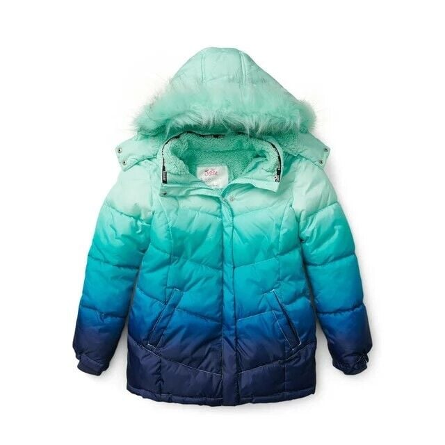 Justice Girls Puffer Jacket with Faux Fur Lined Hood Size 12-14 - New Free Ship