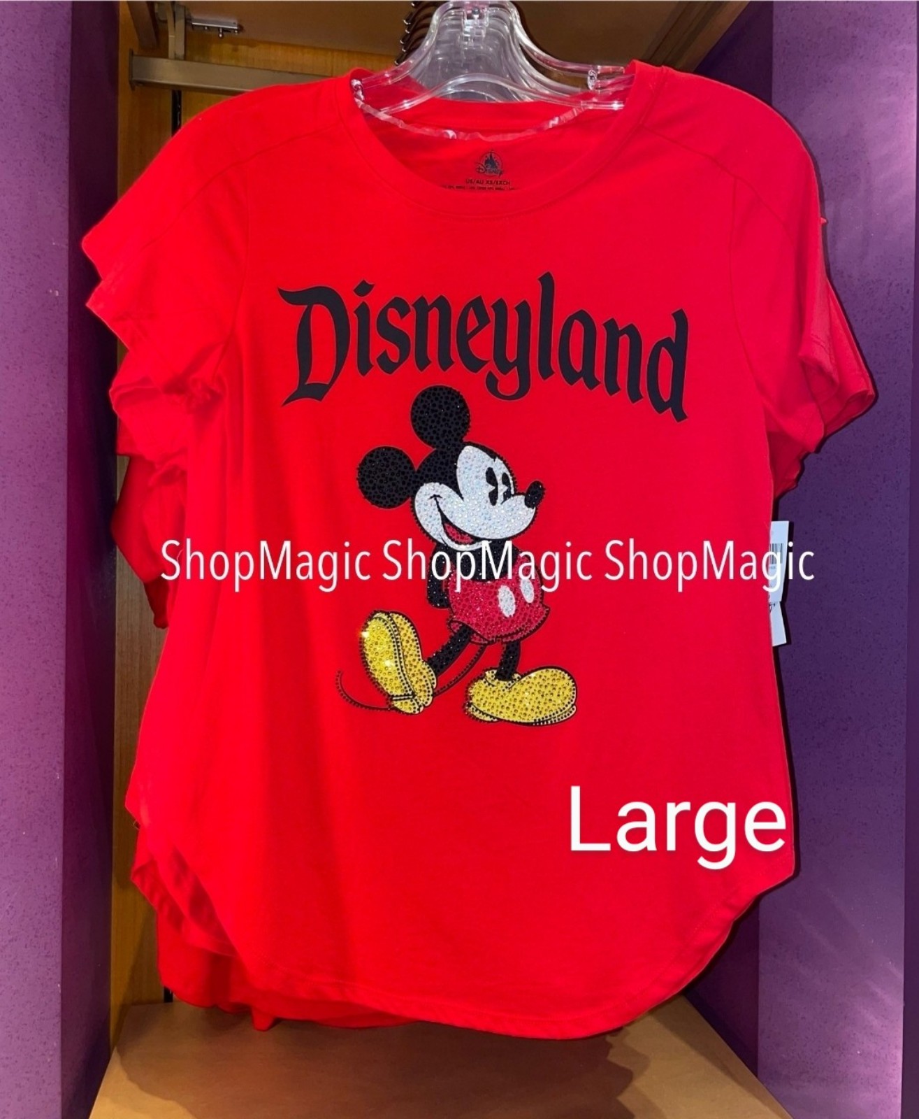 Disney Disneyland Classic Mickey Mouse Rhinestones Red Step Hem T-Shirt