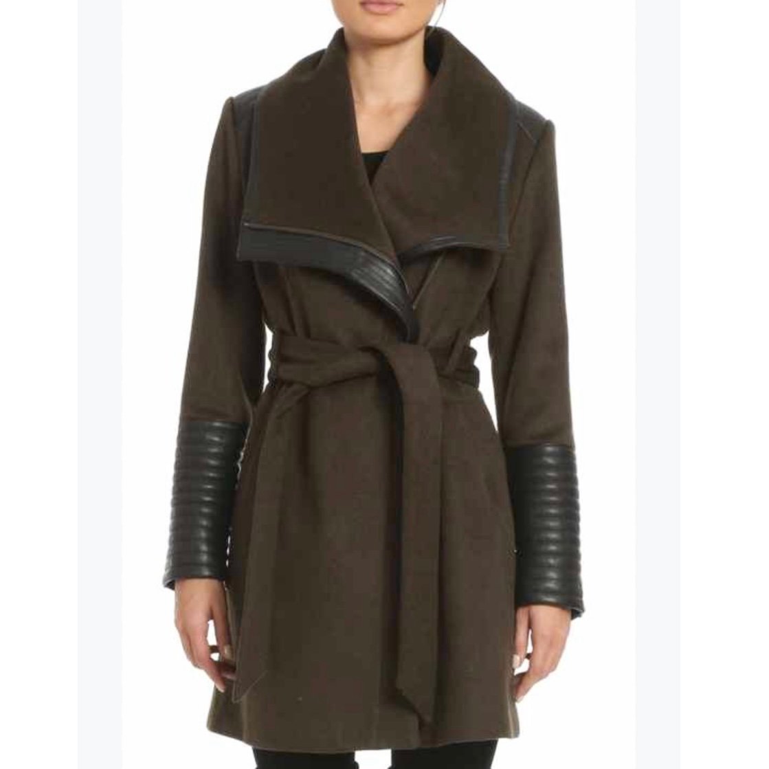 Belle Badgley Mischka Women's Lorian Wool Coat Faux Leather Trim Brown Black L