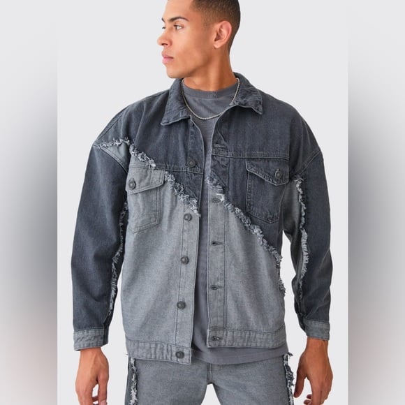 NWT [BoohooMan] Oversized Spliced Frayed Edge Denim Jacket in Mid Gray Men's XL